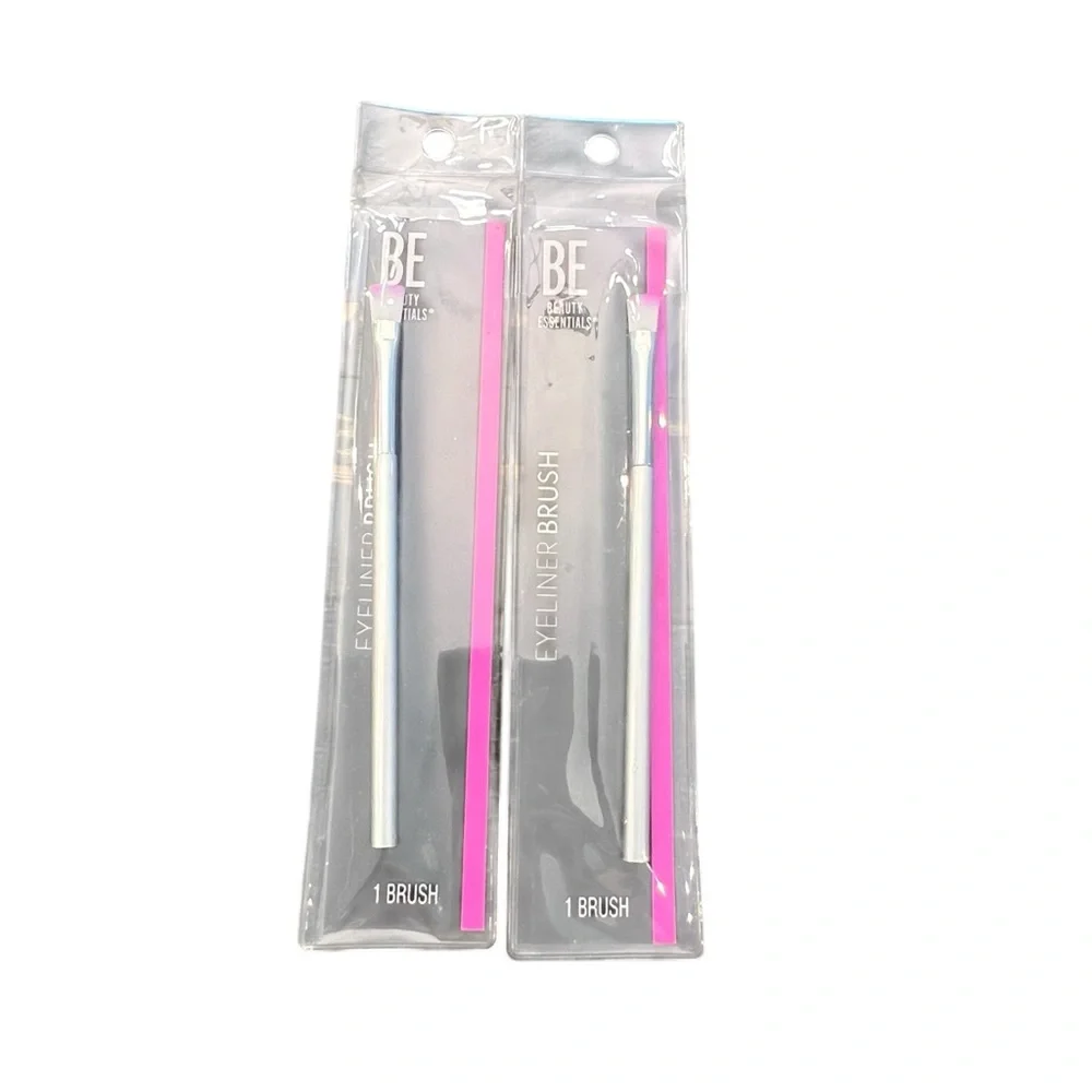 Beauty Essentials Makeup Brush 2 Pc Eyeliner Silver Handle NEW‎ Pink Tipped